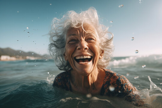 Illustration of a Happy senior woman having fun in the sea. Portrait of beautiful senior woman splashing water on her face.  Elderly pensioner enjoying summer vacation. ai generative