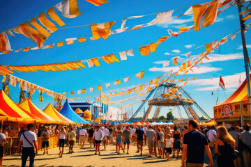 Fototapeta na wymiar Capturing the Energy of Fest: Multicolored Flags and Lively Tents. Generative AI