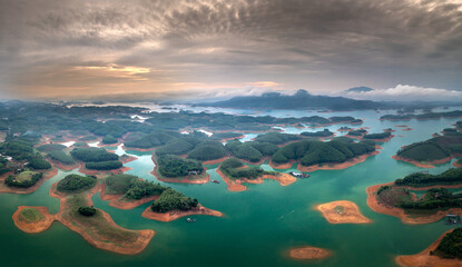 Panoramic view of Thac Ba lake from above. Thac Ba Lake consists of many small islands in Yen Binh...