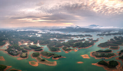 Panoramic view of Thac Ba lake from above. Thac Ba Lake consists of many small islands in Yen Binh...