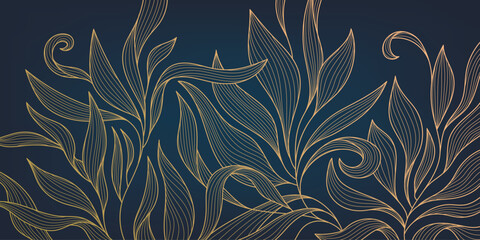 Vector golden leaves art deco wallpaper background, hand drawn pattern. Line design for interior design, textile, texture, poster, package, wrappers, gifts. Luxury. Japanese style.
