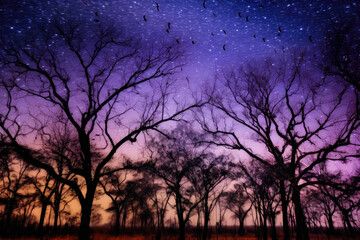 Obraz na płótnie Canvas Mystical Twilight: Trees and Bats Dance in the Darkness. Generative AI