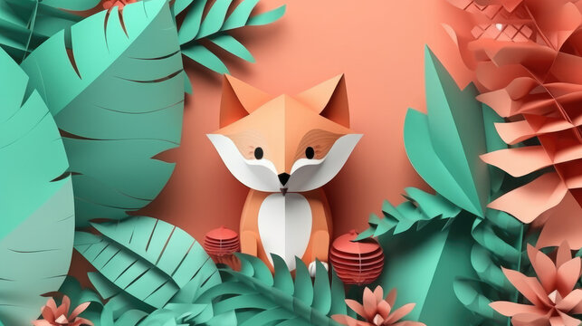 Paper  Art and Origami Animal in the wild. fox in the forest created with Generative AI Technology