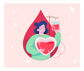 Volunteers people donating blood. Donor woman standing with heart. Concept of donation, world blood donor day, plasma. Vector illustration in flat design for background, banner, card