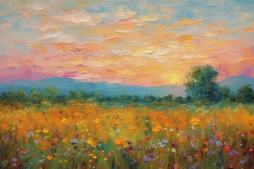 Fototapeta na wymiar Oil painting on canvas impressionist style of field landscape with very soft pastel colors. AI generative