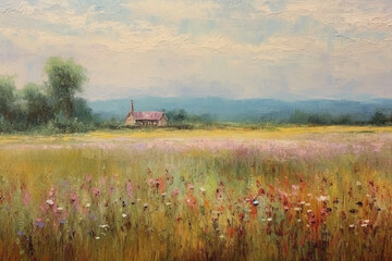 Oil painting on canvas impressionist style of field landscape with very soft pastel colors. AI generative