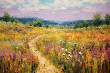 Oil painting on canvas impressionist style of field landscape with very soft pastel colors. AI generative