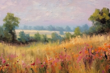 Oil painting on canvas impressionist style of field landscape with very soft pastel colors. AI generative