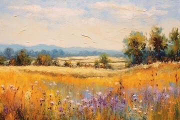 Oil painting on canvas impressionist style of field landscape with very soft pastel colors. AI generative