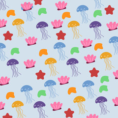 Fototapeta na wymiar Vector seamless pattern with colorful jellyfish in cartoon style Jellyfish pattern and beautiful ocean underwater animals