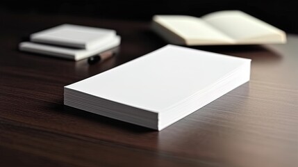 Fototapeta premium Blank business card for mockup. white textured paper background on table