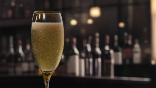 Bubbling champagne glass on the left of frame of a classy bar counter (Looped)