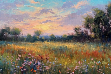 Oil painting on canvas impressionist style of field landscape with very soft pastel colors. AI generative