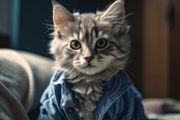 Fluffy gray striped kitty sitting in pocket of blue denim
