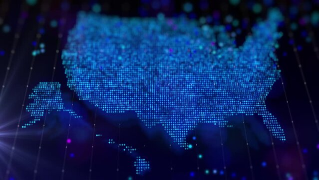 Digital map of USA in the form of a bright glowing particle composition. Big data virtual composition in geography contours
