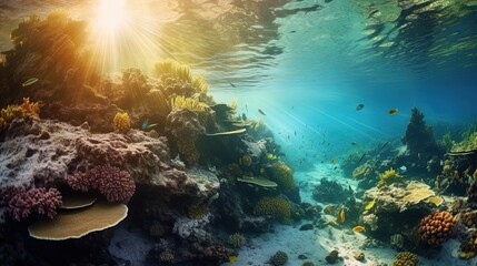 Naklejka na ściany i meble Underwater Scene With Coral Reef Underwater Blue Tropical Seabed With Reef And Sunbeam