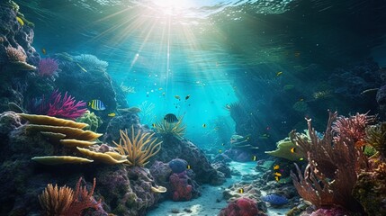 Fototapeta na wymiar Underwater Scene With Coral Reef Underwater Blue Tropical Seabed With Reef And Sunbeam