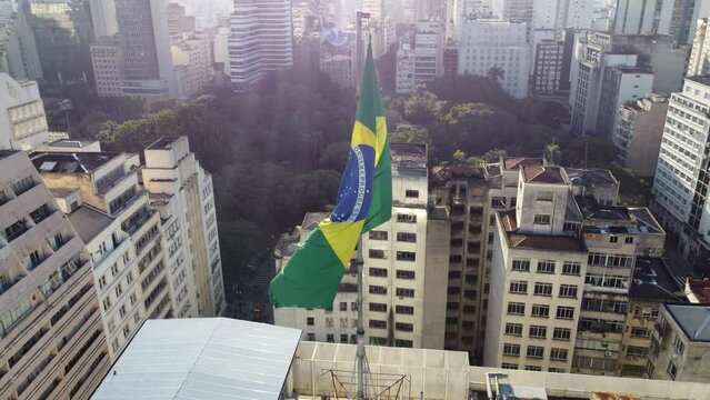 aerial view of downtown Sao Paulo Brazil, Pra&ccedil;a da Rep&uacute;blica, SESC 24 de Maio and Edificio Copan