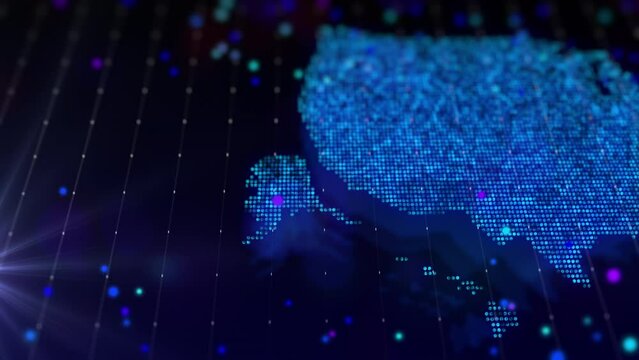Digital map of USA in the form of a bright glowing particle composition. Big data virtual composition in geography contours

