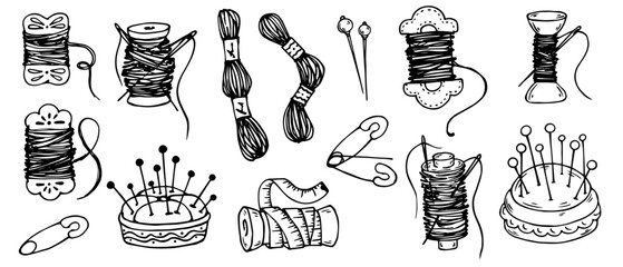Set of sketch doodles of sewing accessories, needlework and sewing tools.Vector graphics. - obrazy, fototapety, plakaty