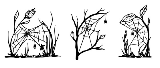 A set of sketches, doodles of branches, plants with cobwebs and a spider.Vector graphics.