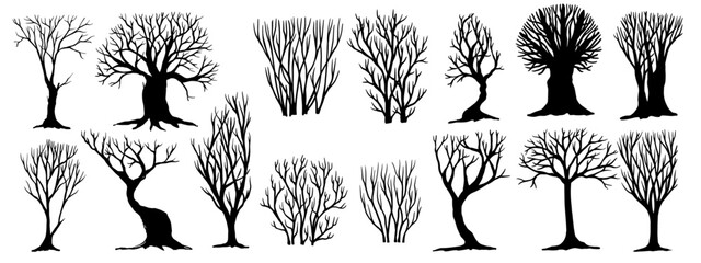 Set of silhouettes of dry trees, bushes. Vector graphics.