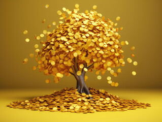 Money tree gold coin tree has coins fall on ground	