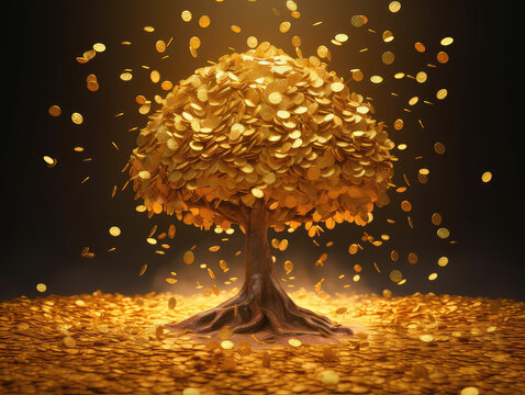 Premium Photo  Golden tree money tree with gold coins in a ray of