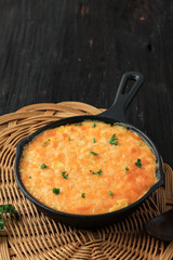 Korean Cheesy Corn on Cast Iron Skillet Pan.