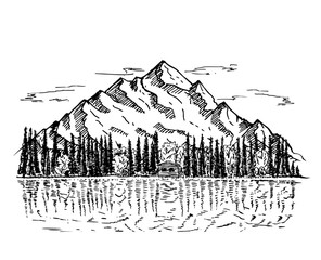 Mountain lake graphic black white landscape. For travel and nature background and card. House in the woods on the lake. Hand Drawn sketch vector illustration