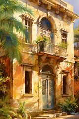 a colonial architecture, basked in the morning light, with ornate wooden window frames and built of old stones, AI generative