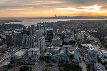 The City of Bellevue in Washington State Sunset With Dowtown Highrise in View from Above Drone Aerial Shot