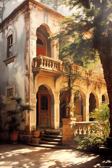 Obraz premium a colonial architecture, basked in the morning light, with ornate wooden window frames and built of old stones, AI generative