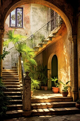Naklejka premium a colonial architecture, basked in the morning light, with ornate wooden window frames and built of old stones, AI generative