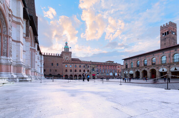 Bologna, Italy. Piazza Maggiore with Torre dell'Orologio and Torre dell’Arengo, landmark in Emilia-Romagna historical province