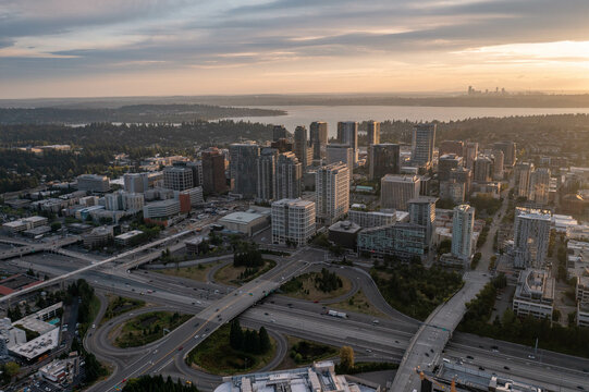 The City of Bellevue in Washington State Sunset With Dowtown Highrise in View from Above Drone Aerial Shot