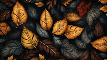 A seamless pattern with autumn leaves on a dark background, Generative AI
