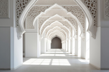 Fototapeta na wymiar interior of a beautiful islamic mosque with ornate archway. Generative ai