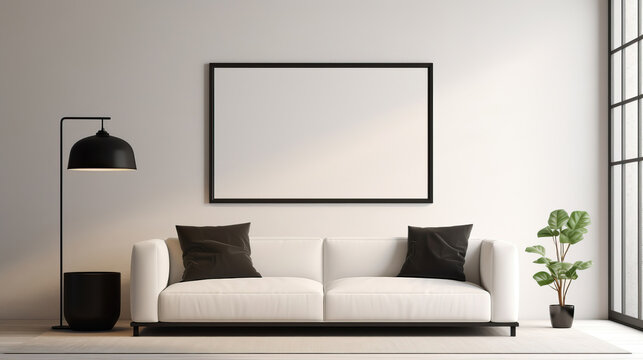 Black Frame In Cozy Light Minimalist Living Room, Mockups Design 3D, HD