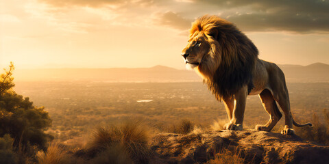 a king lion standing on top of a hill looking over the savanna