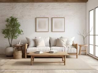 Living room interior with wooden furniture  , Mockups Design 3D, HD