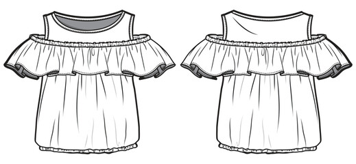 Kids Girl Ruffle Cold Shoulder Top Front and Back View. Fashion Flat Sketch Vector Illustration, CAD, Technical Drawing, Flat Drawing, Template, Mockup.