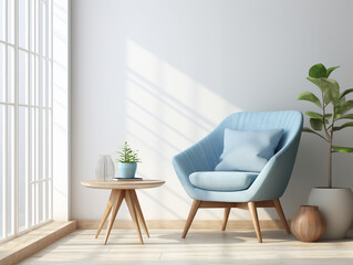 Home interior mockup with blue armchair table, Mockups Design 3D, HD