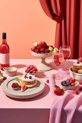 A vibrant indoor table setting, bursting with a plethora of freshly-prepared fruits, desserts, and drinks, is set against a sweetly-hued wall, its delicate tablecloth and plate-filled platters enhanc