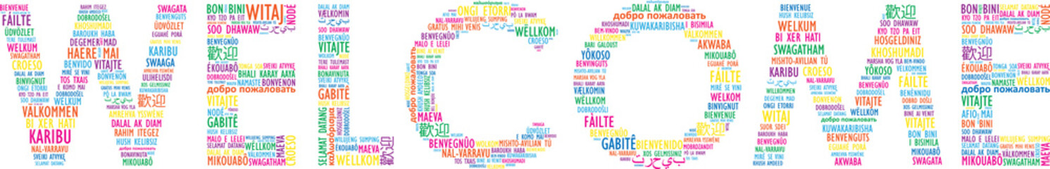 WELCOME colorful word cloud with translations into multiple languages on transparent background - 616483723