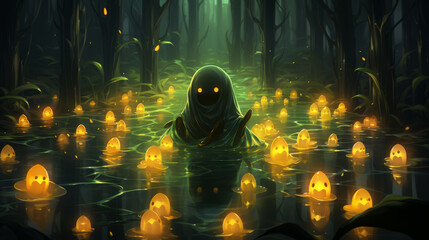 Lovely cute glowing death ghost in a magical swamp animation style character
