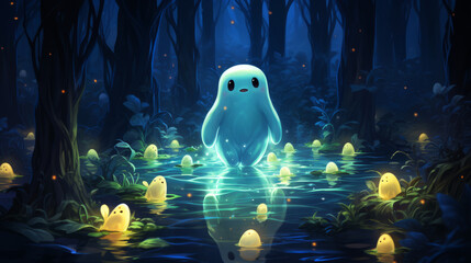 Lovely cute glowing ghost in a magical swamp animation style character - obrazy, fototapety, plakaty