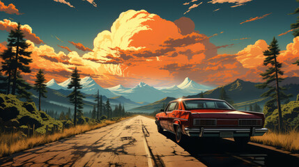 Illustration of a red car on a lonely straight road in middle of nature landscape , road trip background concept