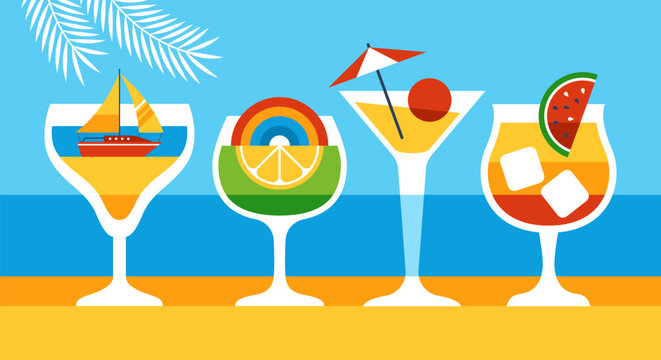 Summer poster design with summer cocktail drink. Minimal geometrical print background for banner or greeting card