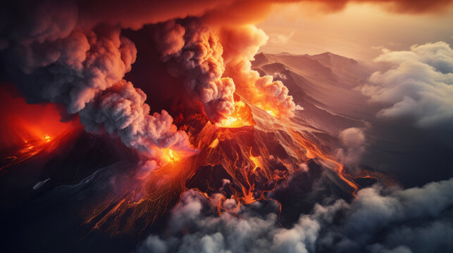 Volcanic eruption aerial view with smoke and lava explosion